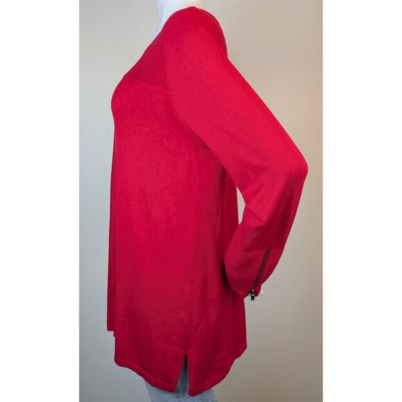 Chico’s Tunic Sweater Large Red Ribbed Yoke Zip Sleeve Split Hem Holiday Chic - Picture 6 of 11